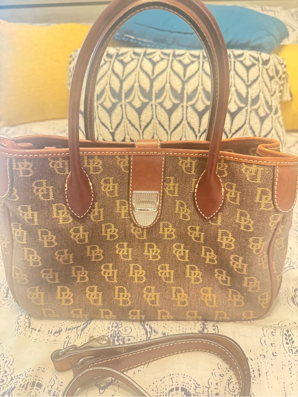 Dooney & Bourke Vintage Brown Monogram Jacquard Leather Satchel - Picture 2 of 11